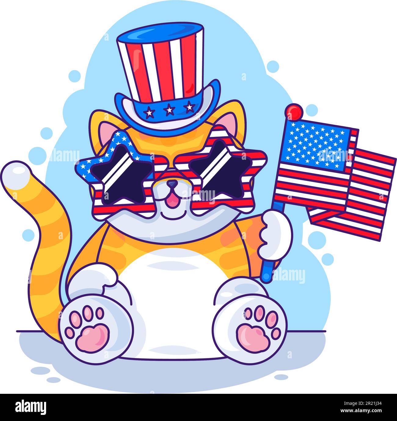 Katzenmütze und Brille tragen die amerikanische Flagge. Patriotisches Haustier mit Kostüm und Accessoire zur Feier des Unabhängigkeitstages am 4. juli. Kuppeln Stock Vektor