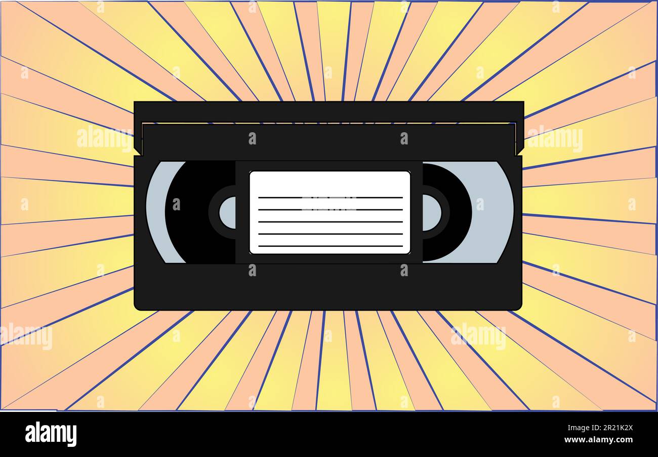 Retro alte Videokassette aus den 70s, 80s, 90s, 2000s vor einem Hintergrund abstrakter gelber Strahlen. Vektordarstellung. Stock Vektor
