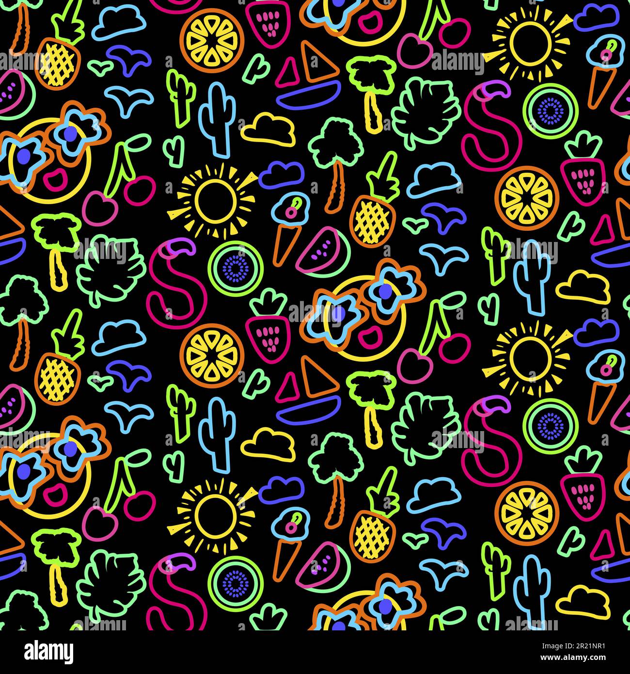 Sommerurlaub Neon-Stil nahtloser Mustervektor. Bunter Flamingo-Vogel und lächelndes Emoticon mit Sonnenbrille, Kaktus und Baumpflanzenblatt, orange Stock Vektor