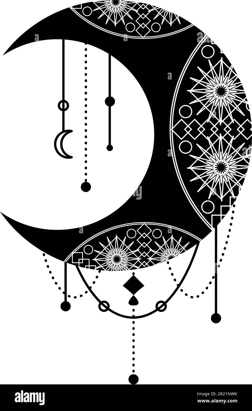 Schwarzer Mond, Sichelsymbol mit dekorativen Verzierungen. Mystisches Symbol im Bo-Ho-Stil. Magic Spa, Maniküre, Schmuckgeschäft. Das heilige Vektorzeichen ist isol Stock Vektor