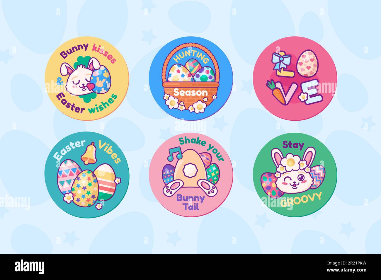 Zeichentrickfilm Outline Vector Happy Easter Quotes Sticker Illustrationen Set mit Hühnereiern in Korbweide, Schleife, Häschen, Blumen, Glocke, Karotten Stock Vektor