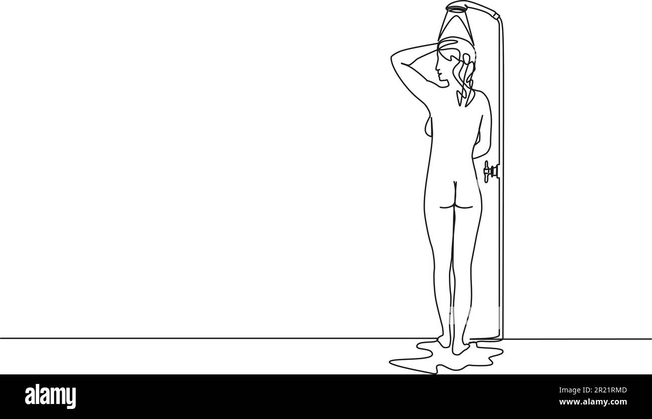 Durchgehende einzeilige Zeichnung einer Frau, die duscht, Strichgrafiken-Vektordarstellung Stock Vektor