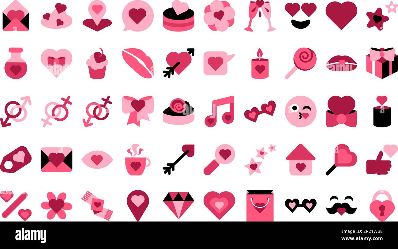 Kollektion von Valentinstagssymbolen. Geschenk, Nachtisch, Süße, Champagner, Duftkerze, Überraschungsbox, Herz und Juwelen. Elemente für Liebe Stock Vektor