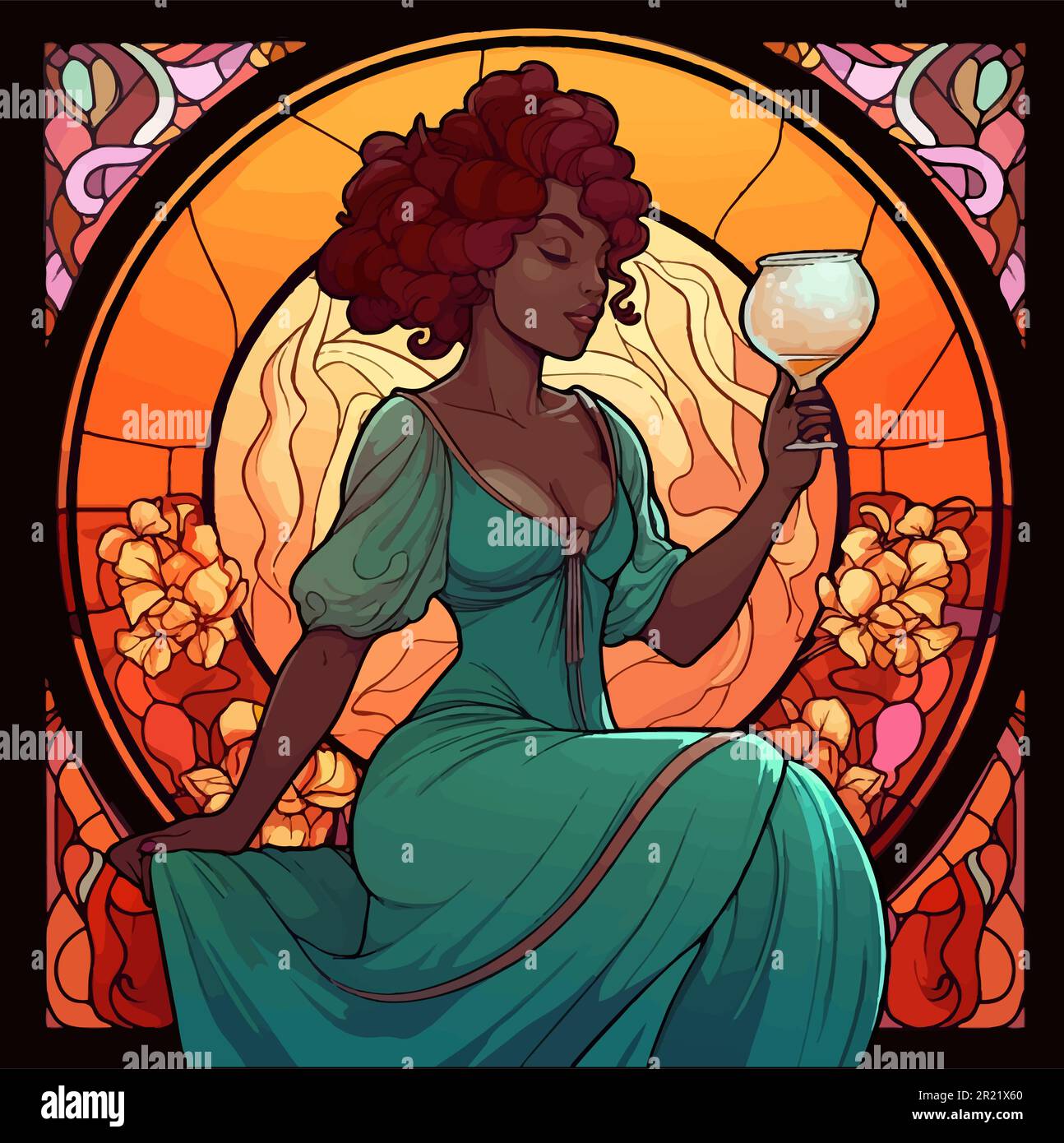 Buntglasvektor einer schwarzen Frau mit einem Weinglas im Jugendstil Stock Vektor