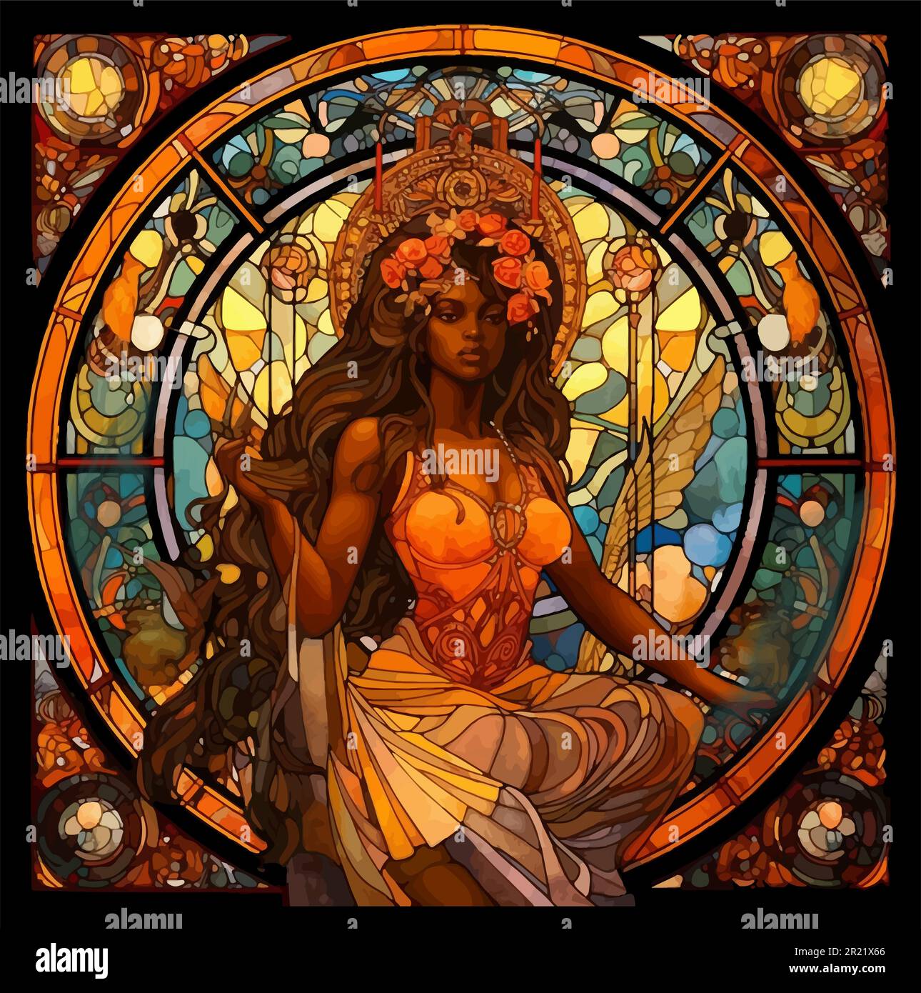 Buntglasfenster-Vektor der afrikanischen Göttin der Liebe Oshun Stock Vektor