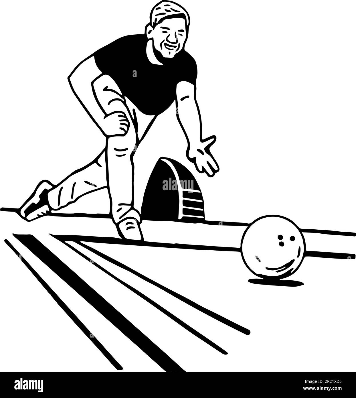 Ein Mann, der auf einer Bowlingbahn Bowling spielt. Vektorsymbol der Konturen. Stock Vektor