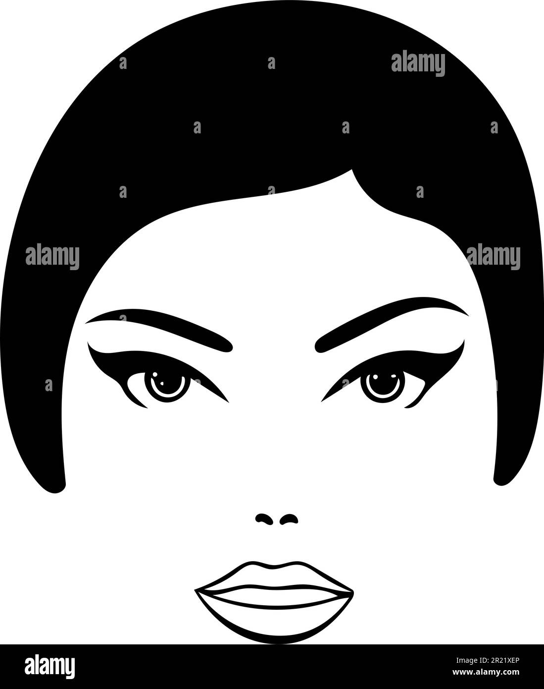 Das Gesicht einer schönen Frau als Ikone. Einfache schwarze Linien vor transparentem Hintergrund. Stock Vektor