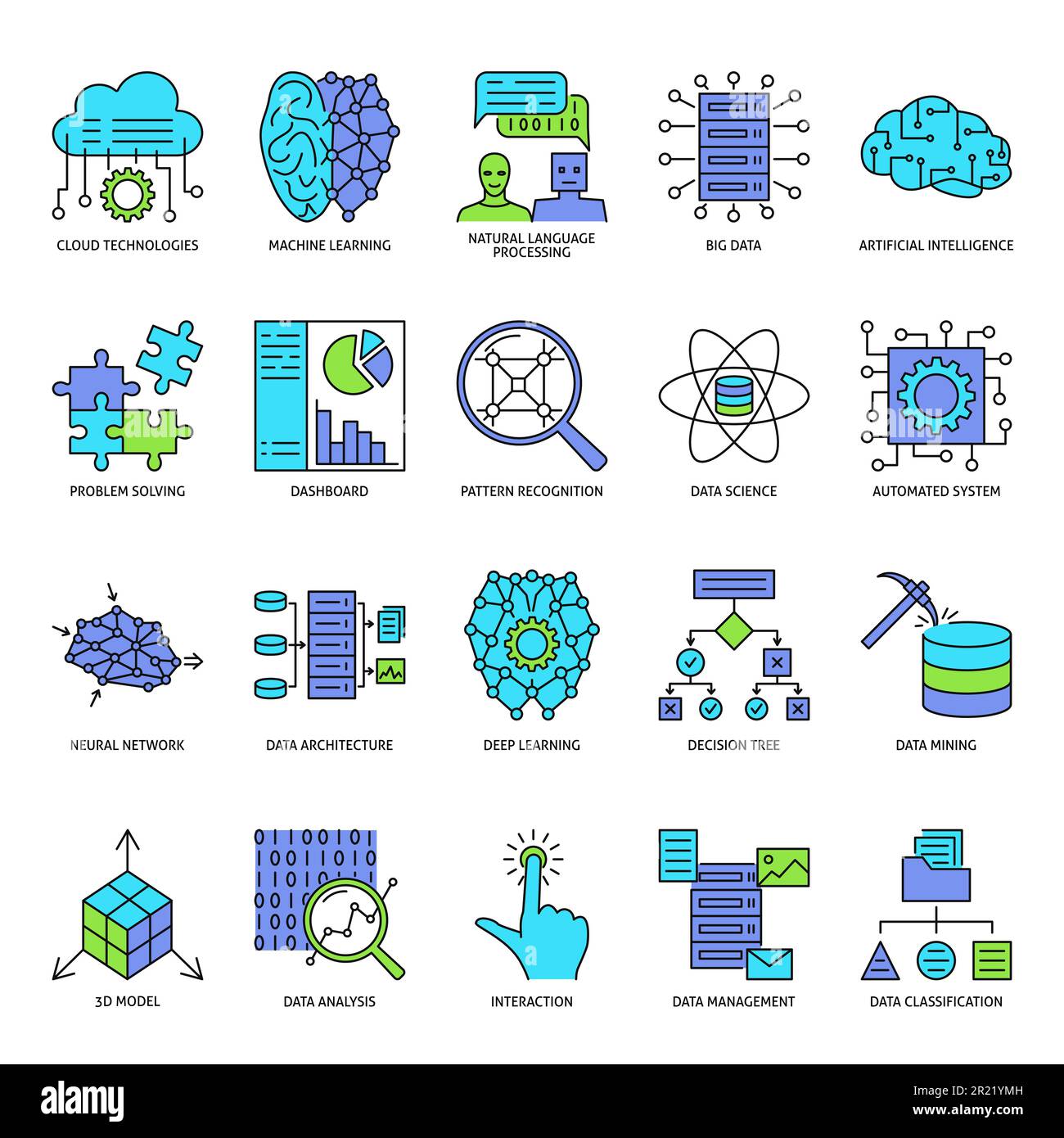 Symbole für KI und Computersystem in farbigen Linien. Symbole für maschinelles Lernen. Vektordarstellung. Stock Vektor