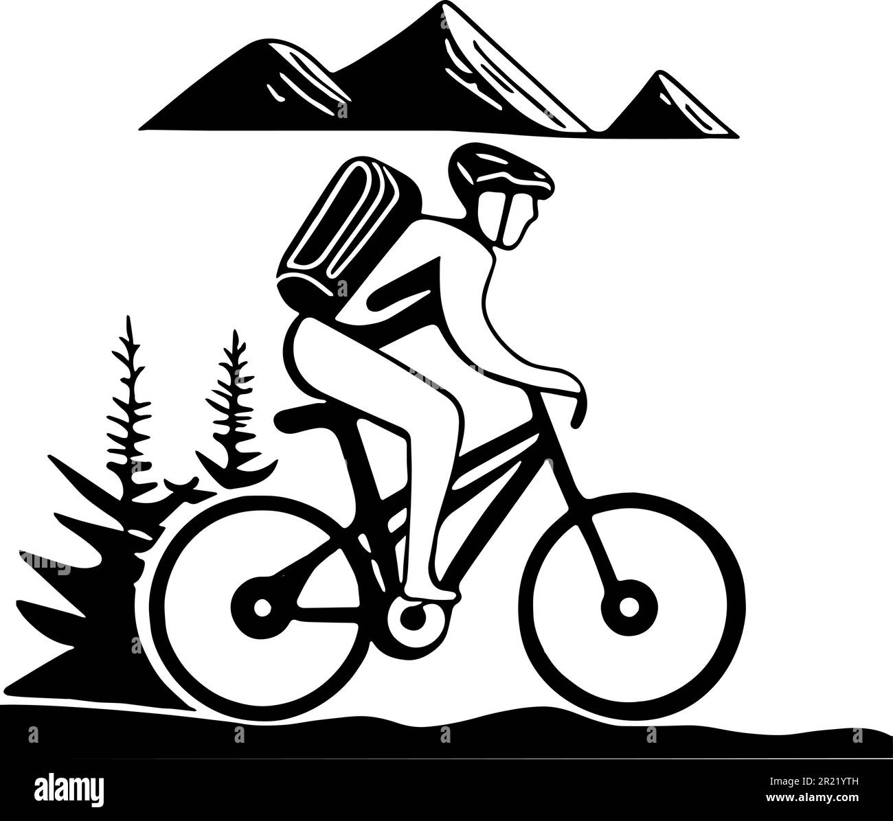 Ein Mountainbike-Mann fährt auf einem Plateau. Hinter ihm liegen sichtbare Berggipfel und Tannen. Er trägt Fahrradhelm und Rucksack. Vektor ico Stock Vektor