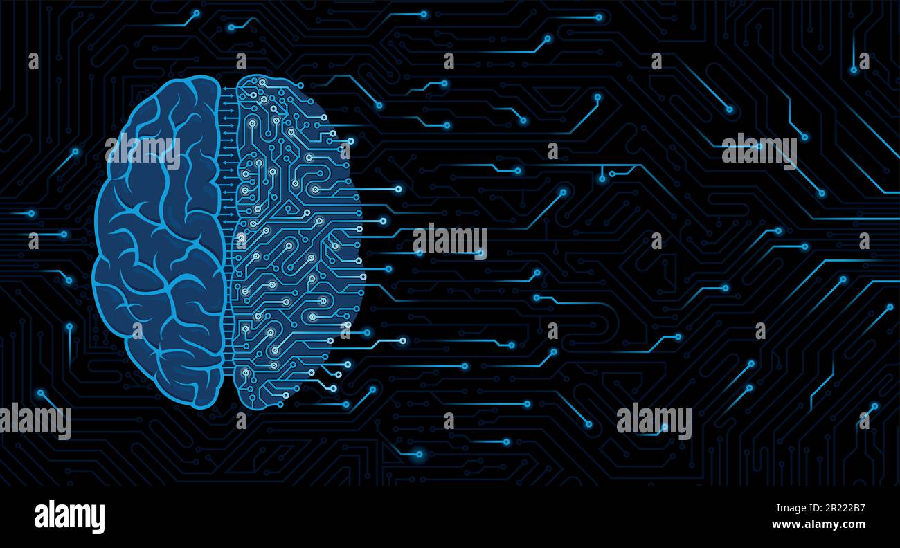 Blaues Gehirn, oberer Blick halb menschliches, halb maschinelles Gehirn mit Schaltkreisen auf dunklem Leiterplattenhintergrund. Das Konzept der künstlichen Intelligenz Stock Vektor