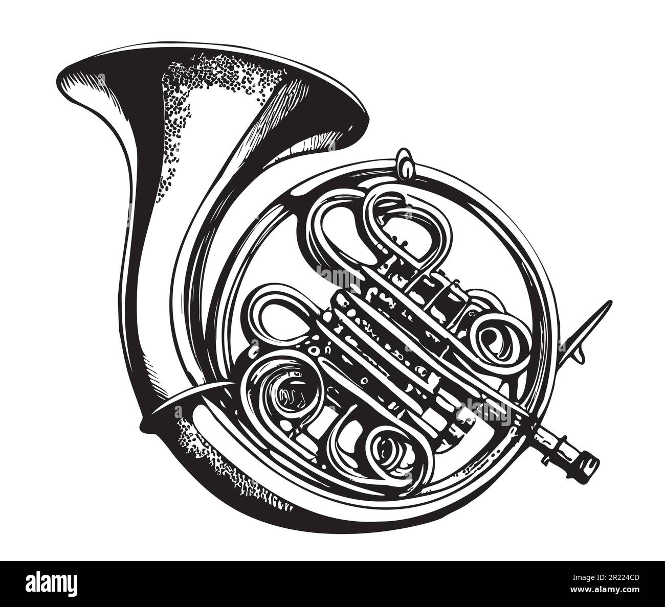 Französisches Horn, handgezeichnet, im Kritzelstil Vektor-Illustration Musik Stock Vektor