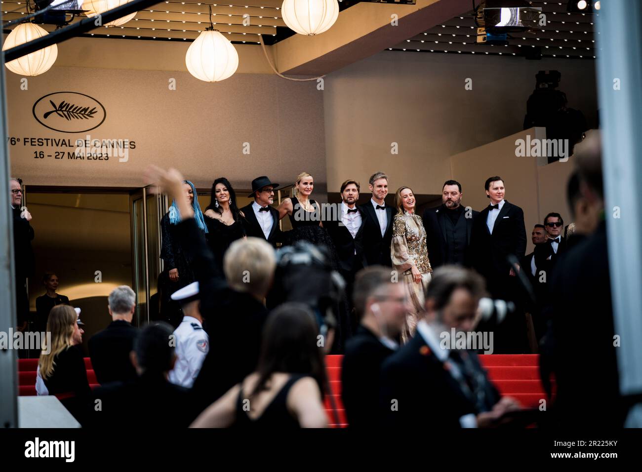 Cannes, Frankreich, 16. Mai 2023, Mitglieder der Jury Rungano Nyoni, Maryam Touzani, Atiq Rahimi, Julia Ducournau, Präsidentin der Jury Ruben Östlund, D. Stockfoto