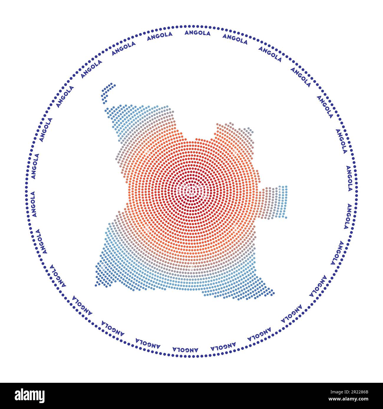 Rundes Angola-Logo. Digitale Form Angolas im gepunkteten Kreis mit Ländernamen. Techniksymbol des Landes mit abgestuften Punkten. Stock Vektor