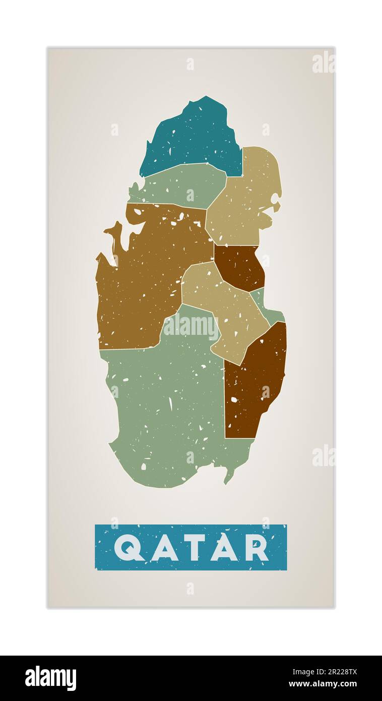 Katar-Karte. Länderposter mit Regionen. Alte Grunge-Textur. Form Katar mit Ländername. Erstaunliche Vektordarstellung. Stock Vektor