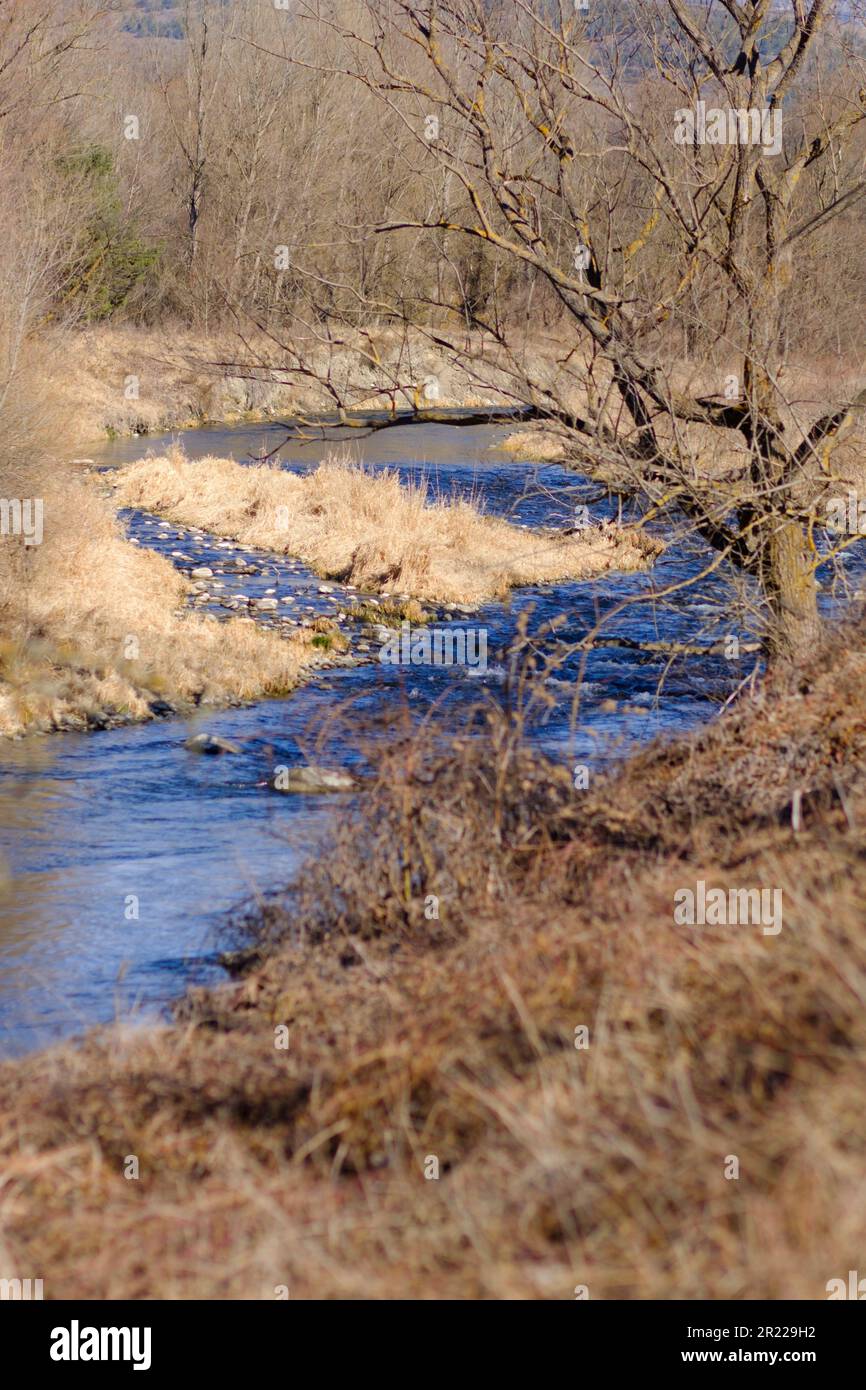 Fließender Fluss auf einer Berglandschaft mit braunen Kräutern am Wasserrand Stockfoto