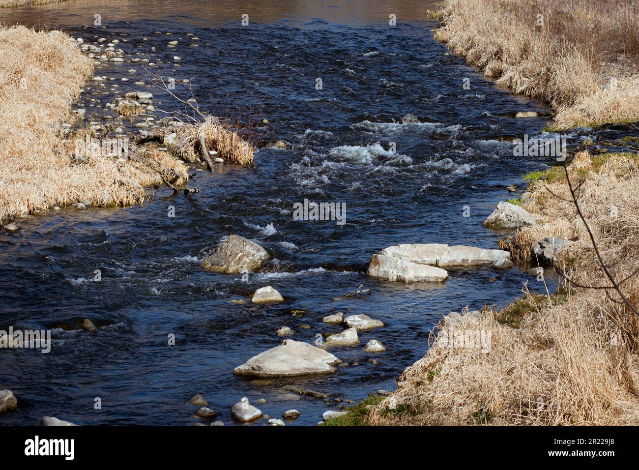 Fließender Fluss auf einer Berglandschaft mit braunen Kräutern am Wasserrand Stockfoto
