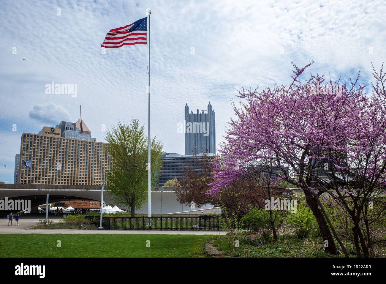 Die amerikanische Flagge im Point State Park in Pittsburgh, Pennsylvania, ist von Kirschblüten umgeben. Stockfoto