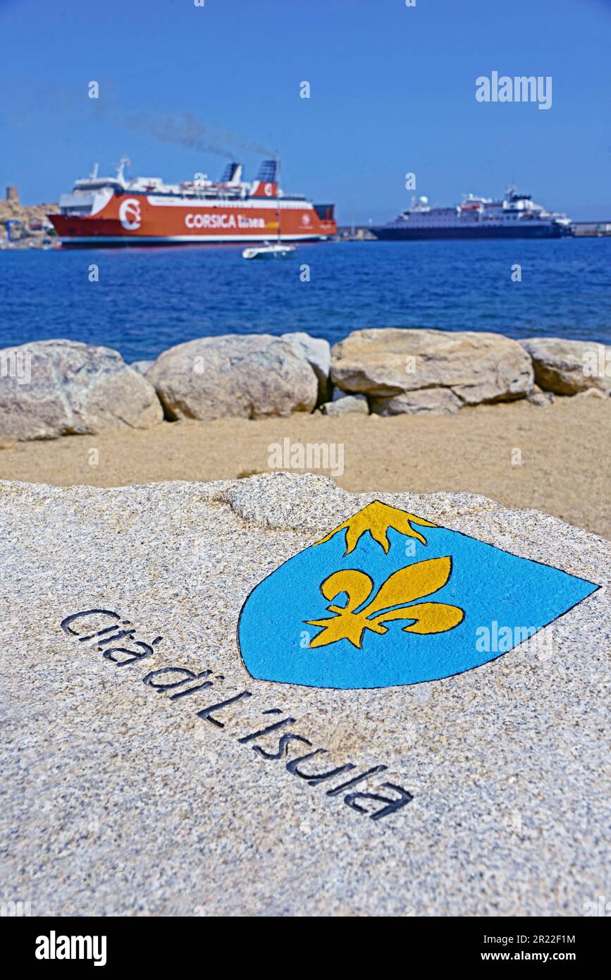 Blazon von Cita di L Isula und Hafen, Frankreich, Korsika, Ile Rousse, Balagne Stockfoto