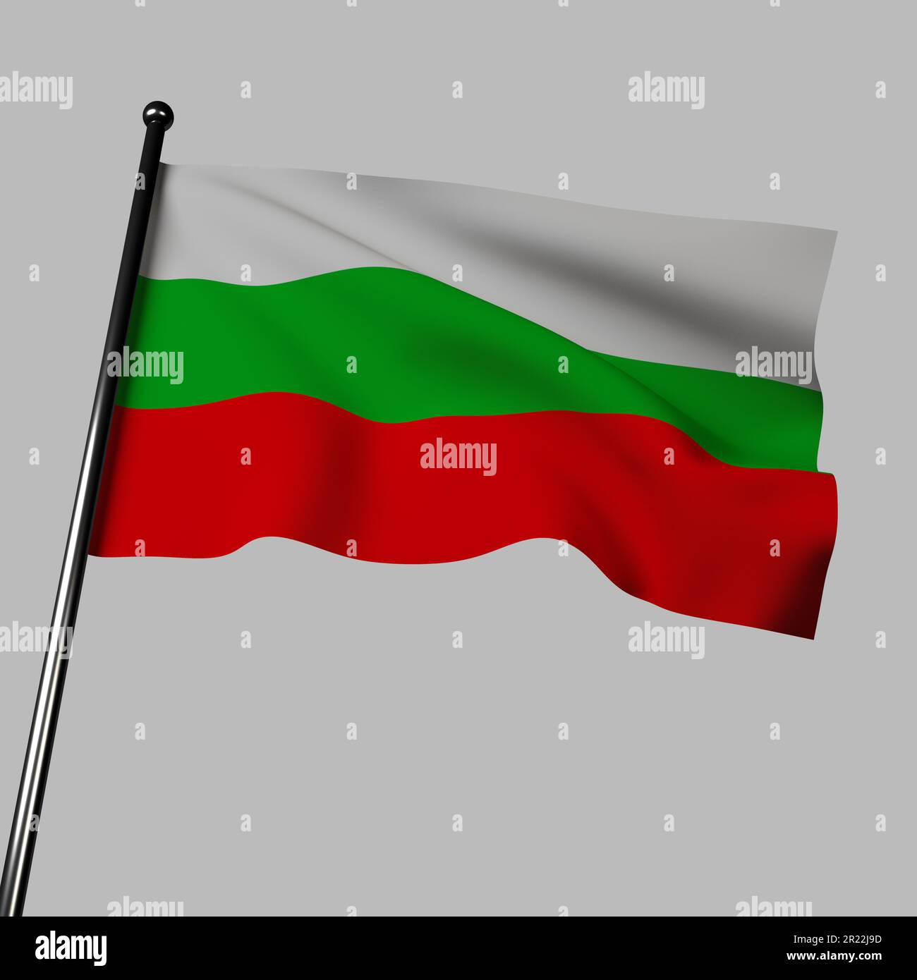 Die drei horizontalen Streifen der bulgarischen Flagge in Weiß, Grün und Rot werden in diesem 3D-Bild vor grauem Hintergrund gerendert. Die Farben der Flagge stellen f dar Stockfoto