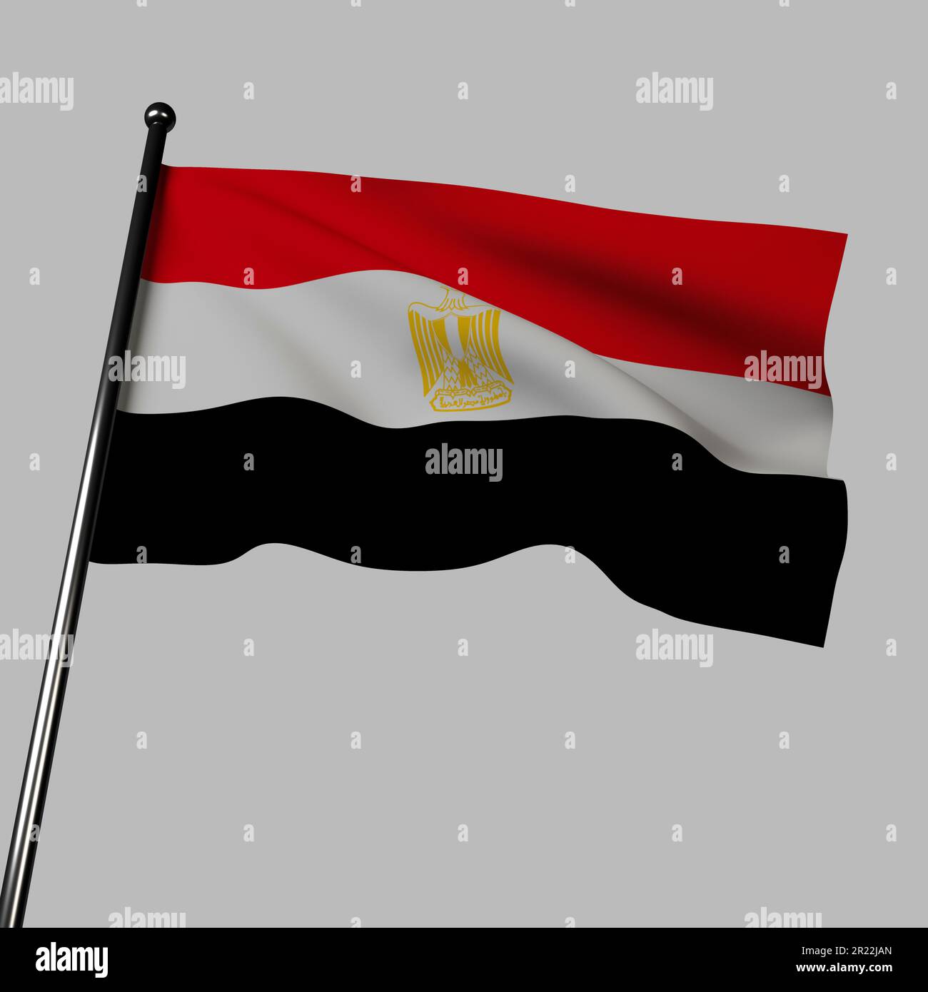 Die ägyptische Flagge 3D, die sich in Grau bewegt, hat rote, weiße und schwarze Streifen mit dem goldenen Adler von Saladin. Farben stehen für Unabhängigkeitskampf. Adler Stockfoto