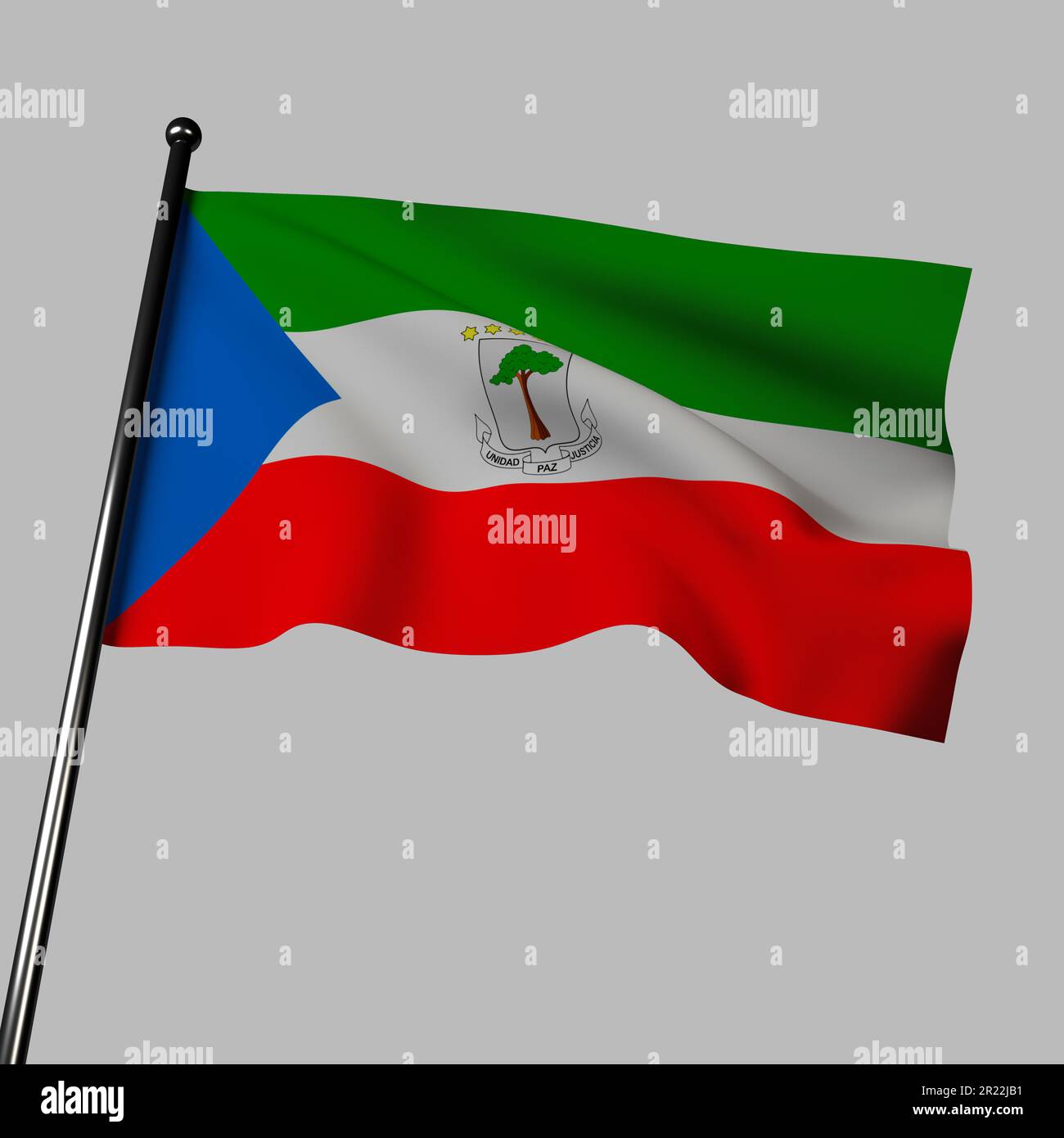 Äquatorialguinea-Flagge 3D, die auf Grau mit grünen, weißen und roten Streifen, blauem Dreieck und Wappen winkt. Farben stehen für natürliche Ressourcen, Peac Stockfoto