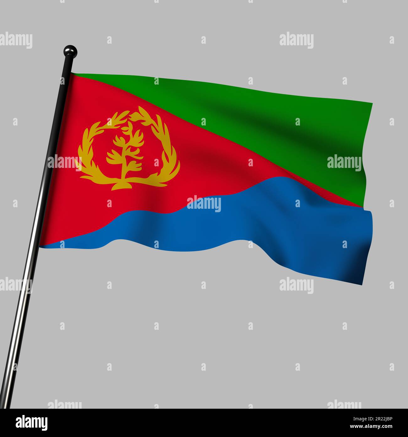 3D Abbildung: Eritreische Flagge auf grauem Hintergrund. Mit grünen, blauen und roten Dreiecken und einem goldenen Emblem für Landwirtschaft, Meer, Stockfoto
