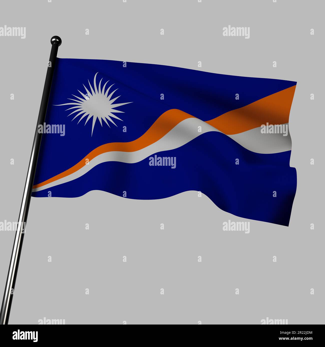 Die Flagge der Marshallinseln winkt im Wind auf grauem Hintergrund. 3D Abbildung mit einem blauen Feld mit zwei orangefarbenen und weißen diagonalen Streifen. T Stockfoto