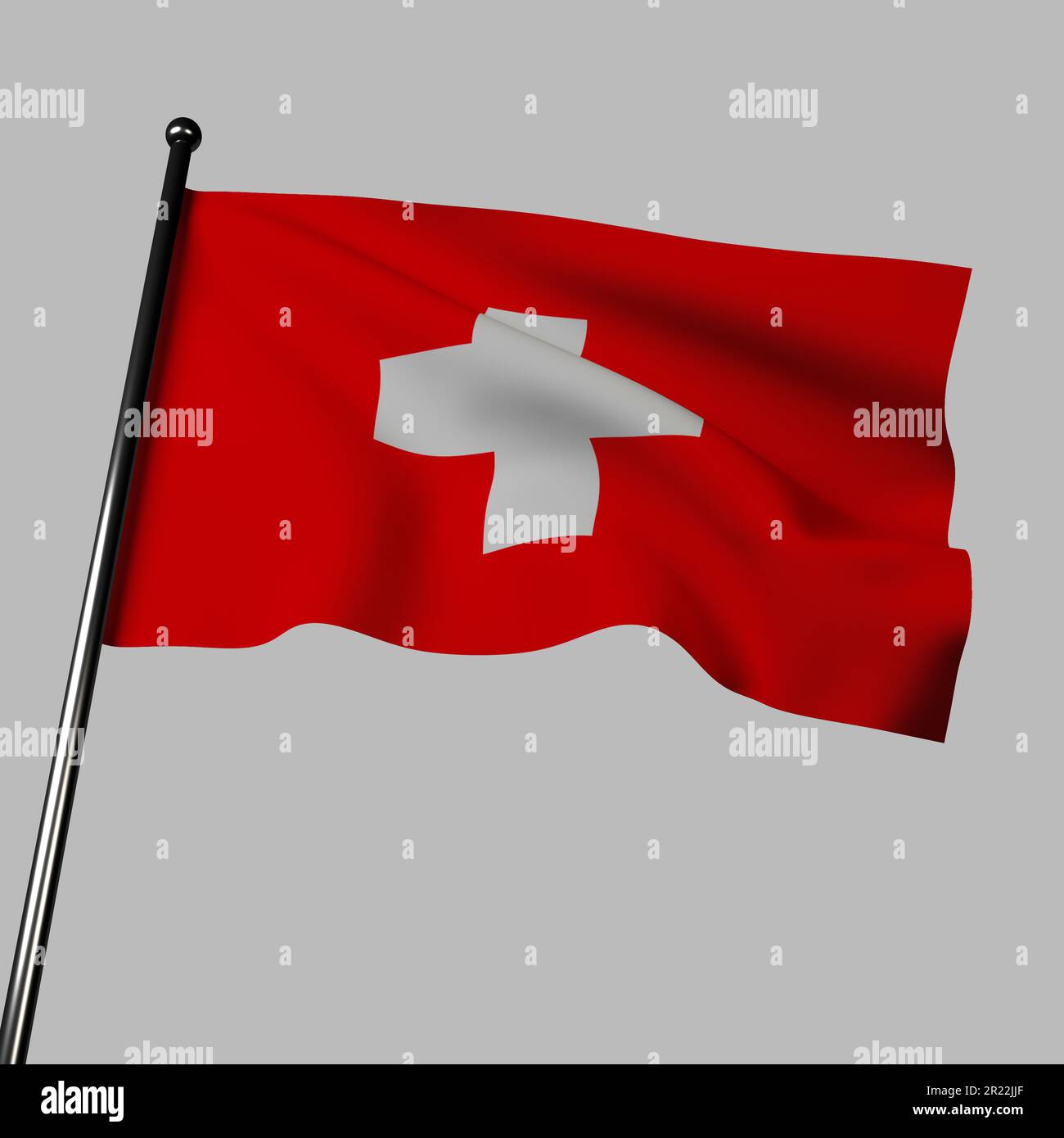 Die 3D. Flagge der Schweiz, die im Wind windet, isoliert auf einem Grau. Die Flagge zeigt ein rotes Feld mit einem weißen griechischen Kreuz in der Mitte. Stockfoto