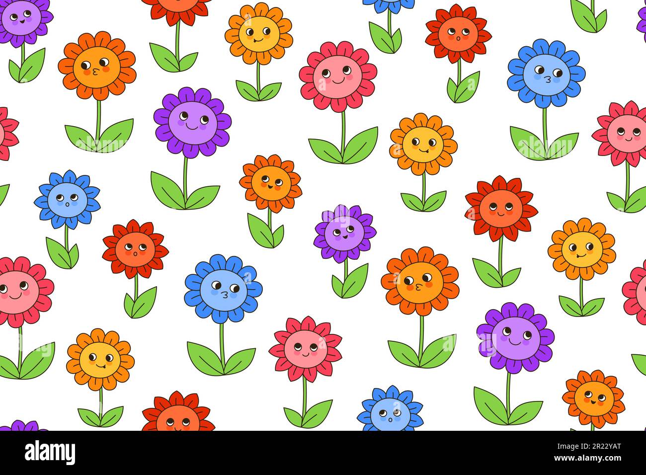 Blumen Kamille Cartoon Wiese Retro Nahtloses Muster. Sommer Kinder lineare blumige Comic-Figuren mit Smiley-Gesichtern Ornamenten. Kinderwildblumen kritzeln endlose Textilvektordarstellung im Hintergrund Stock Vektor