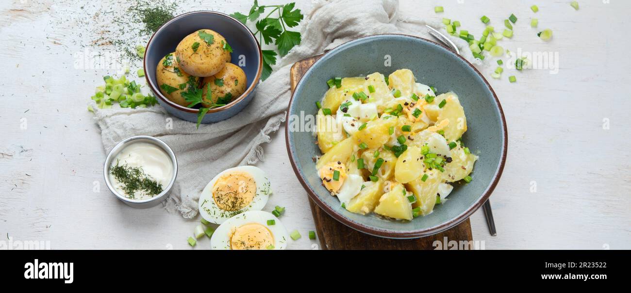 Salat aus Kartoffeln, Eiern, grünen Zwiebeln und Mayonnaise auf einem Teller auf weißem Hintergrund, Draufsicht. Panorama. Stockfoto