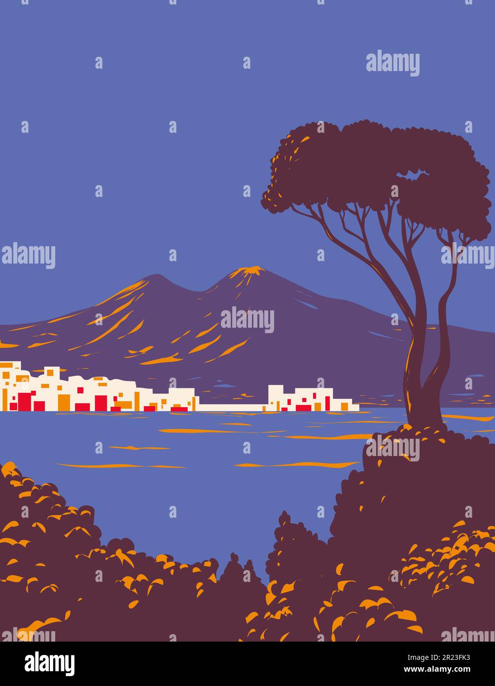 WPA-Posterkunst von Kiefer von Neapel mit Blick auf die Stadt und den Golf oder die Bucht von Neapel mit dem Vesuv im Hintergrund bei Dämmerung in Italien Stockfoto