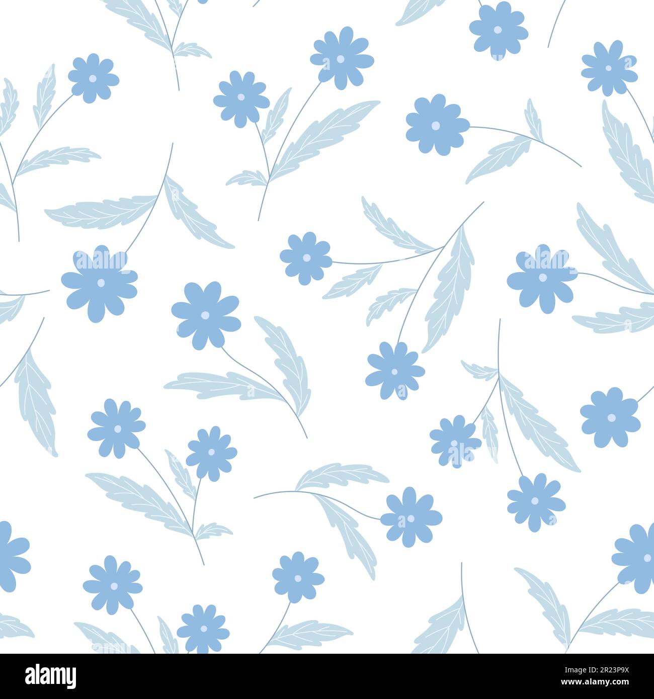 Blaues Blumenblatt Nahtloses Muster für eine wilde Ebene. Babyblau Pflanzenmuster helle Bettwäsche Ditsy-Style Wickelpapier Innendesign Frühling Sommer Pastelltöne niedliche natürliche Blumen Vintage weißer Hintergrund Stock-Vektorgrafik