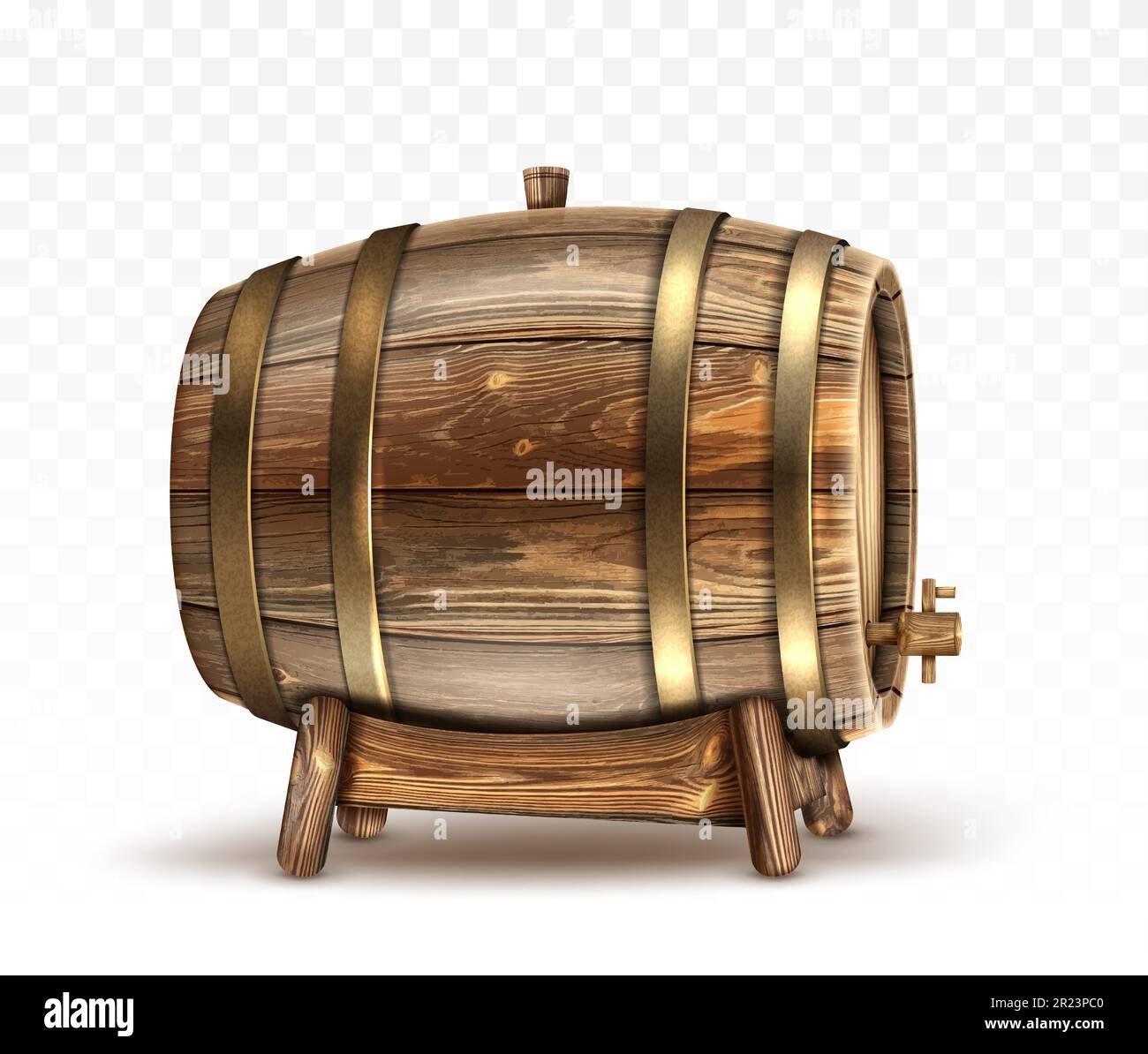 Holzfass für Wein, Bier oder Whiskey. Realistisches Fass aus Eichenholz mit Kupfer- oder Eisenringen, Stopfen und Wasserhahn, Fass für Rum oder Cognac isoliert auf transparentem Hintergrund, realistischer 3D-Vektorclipart Stock Vektor