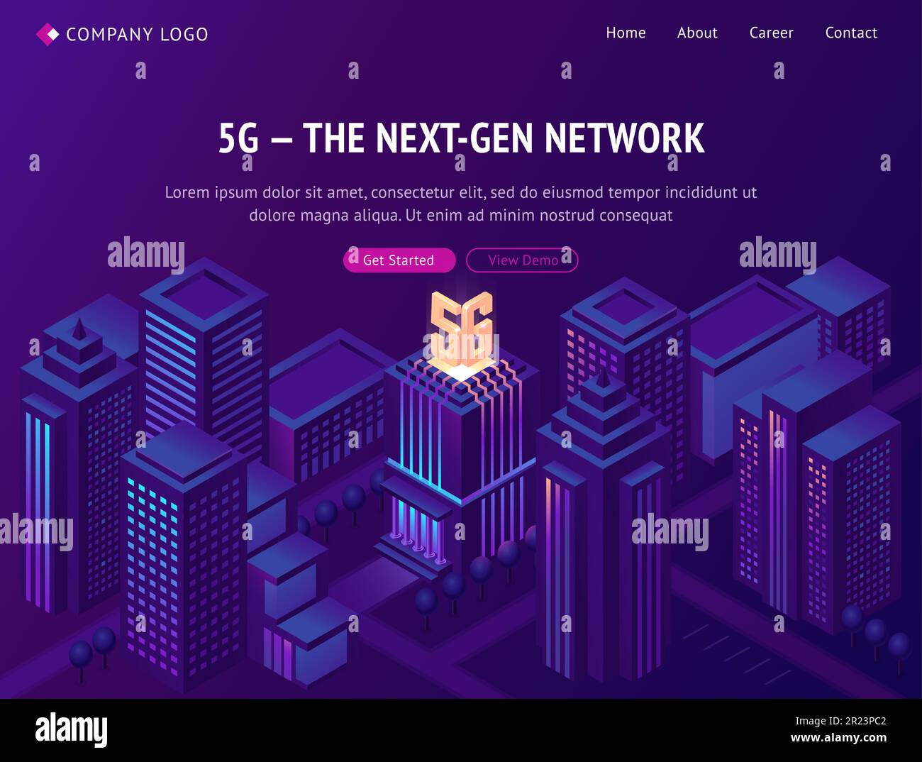 5G isometrische Landing-Page des Netzwerks der nächsten Generation. Intelligente Stadt mit drahtloser Mobilfunktechnologie, Mobilfunkdienst der neuen Generation. Smartphone-Highspeed-Internetverbindung, 3D-Vektor-Webbanner Stock Vektor