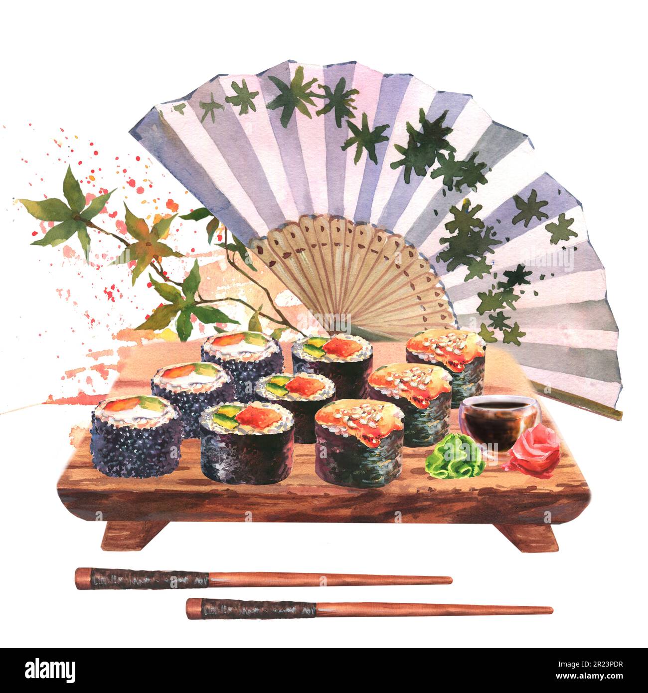 Aquarelle Darstellung eines Sets aus Sushi, Ingwer, Wasabi, Sojasauce, Essstäbchen und japanisfarbenem Ventilator, isoliert auf einem wässrigen Hintergrund mit Spritzer Stockfoto