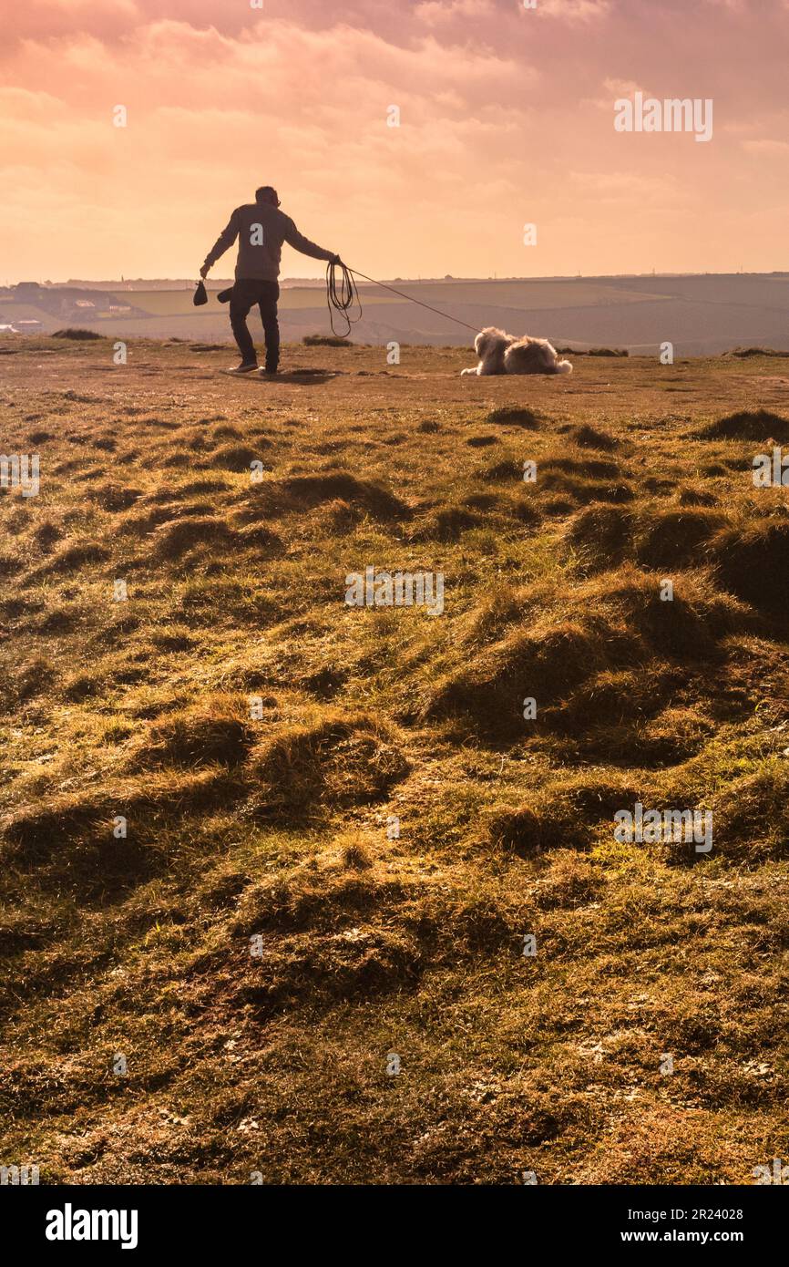 Abendlicht über einem Hundeläufer und seinem sturen Hund in Pentire Point East in Newquay in Cornwall, England, Großbritannien. Stockfoto