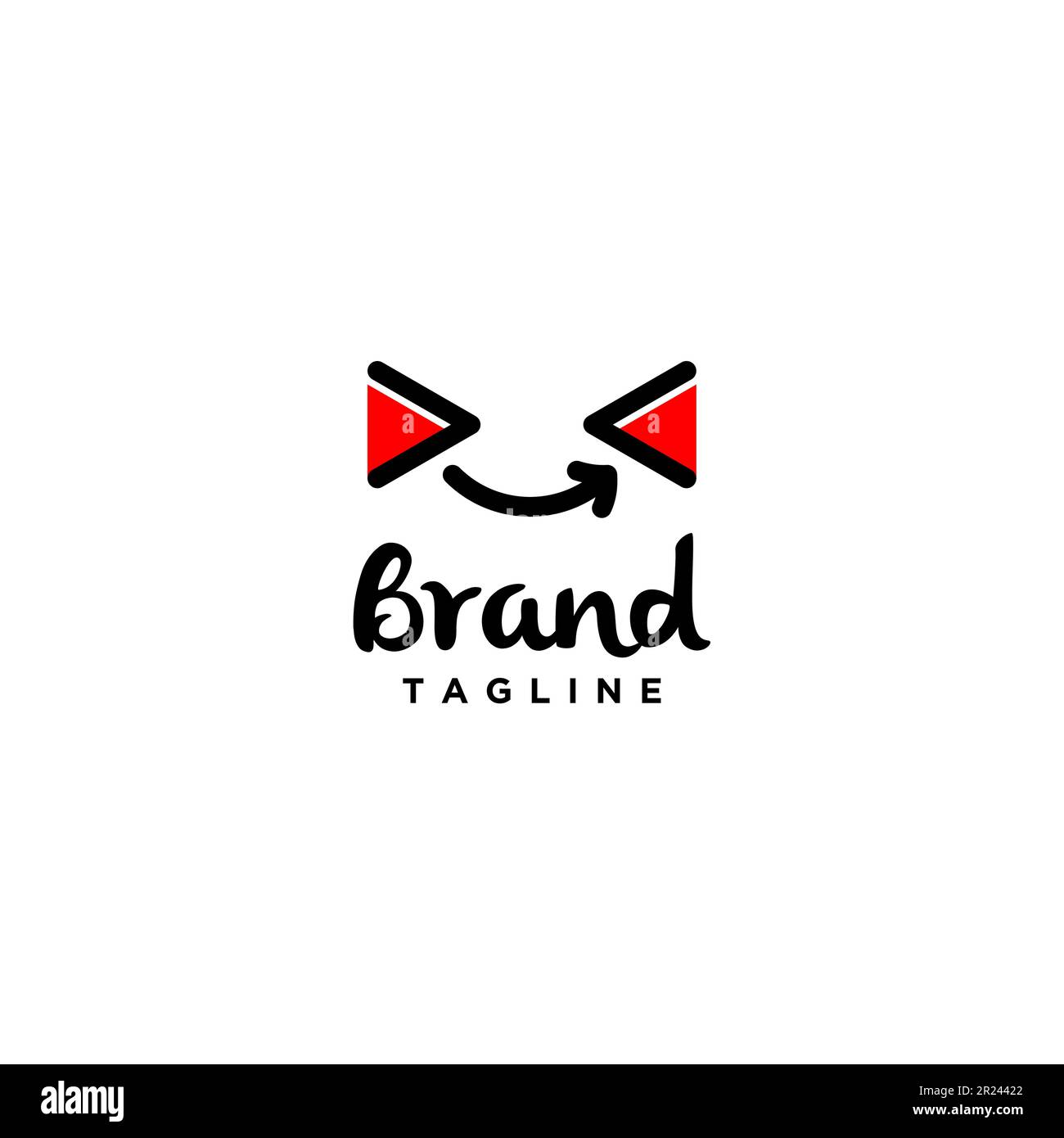 Spielen Sie das Symbol der Knopfbrille und den gebogenen Pfeil ab, die ein Smiley-Symbol bilden. „Happy Expression“-Design mit „Play Button“-Brillensymbol und gebogenem Pfeil. Stock Vektor