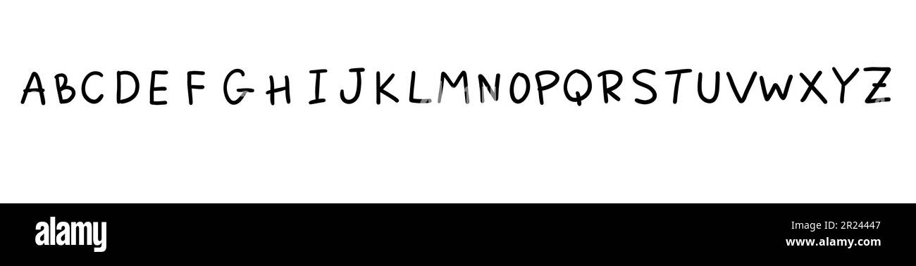 Unregelmäßige Formen Schwarze englische lateinische abc-Schriftart A bis z. Vektorgrafik in handgemachtem Doodle, handgeschriebenes Doodle-Stil isoliert auf weißem Rücken Stock Vektor