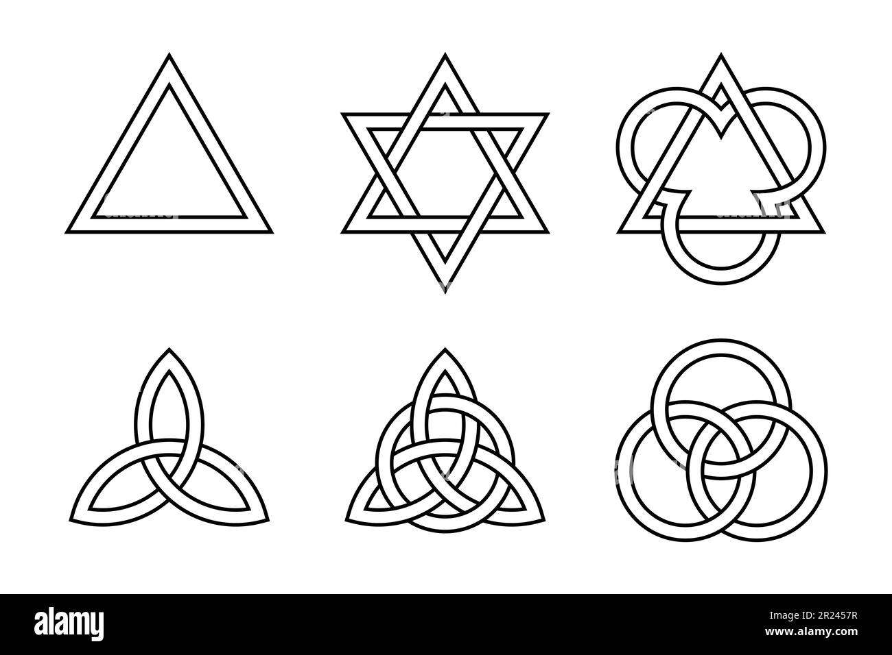 Sechs Dreifaltigkeitssymbole. Antike christliche Symbole, geformt durch Dreiecke, keltische Triquetras und Kreise. Stockfoto
