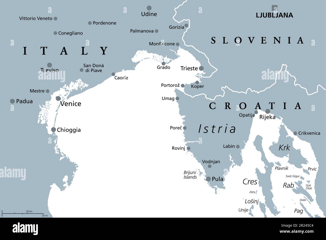 Golf von Venedig, graue politische Karte. Die Bucht von Wasser in der nördlichen Adria, begrenzt durch die Lagune von Venedig in Italien und die Halbinsel Istrien in Kroatien. Stockfoto
