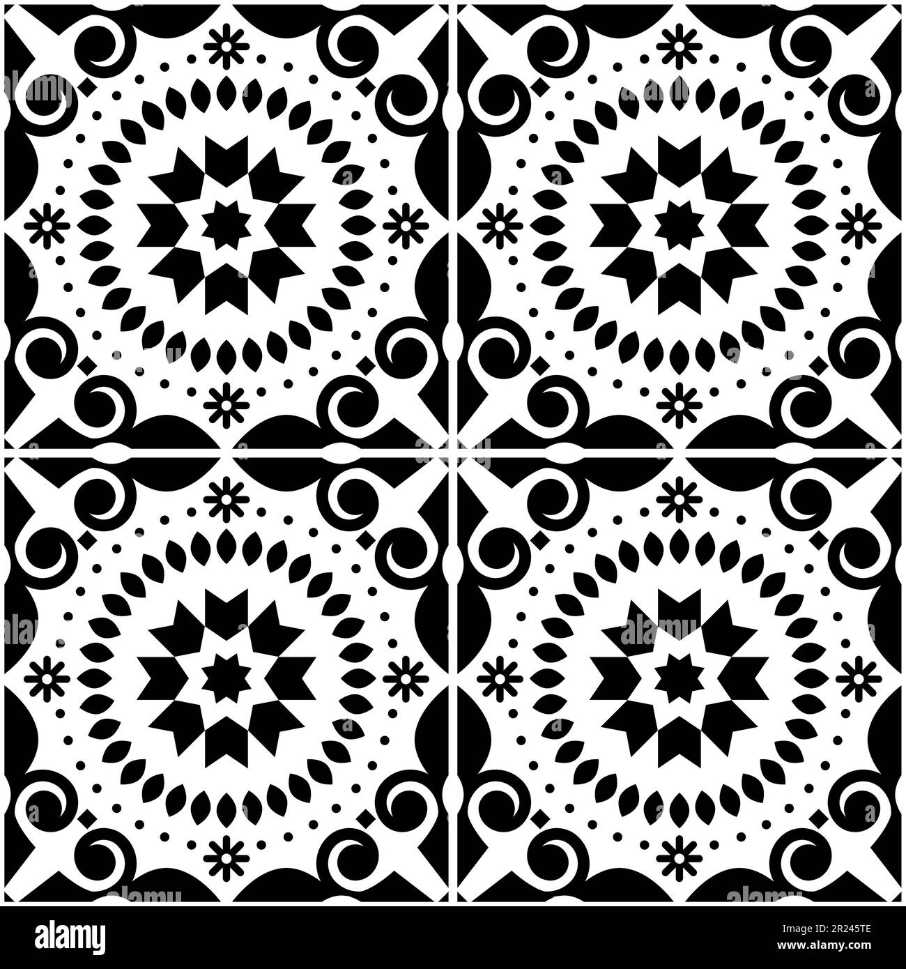 Asulejo Lissabon Fliesen nahtloses Vektormuster in Schwarz und Weiß, traditionelle Tapeten oder Textilien, Stoffmuster, inspiriert von alten portugiesischen Fliesen Stock Vektor
