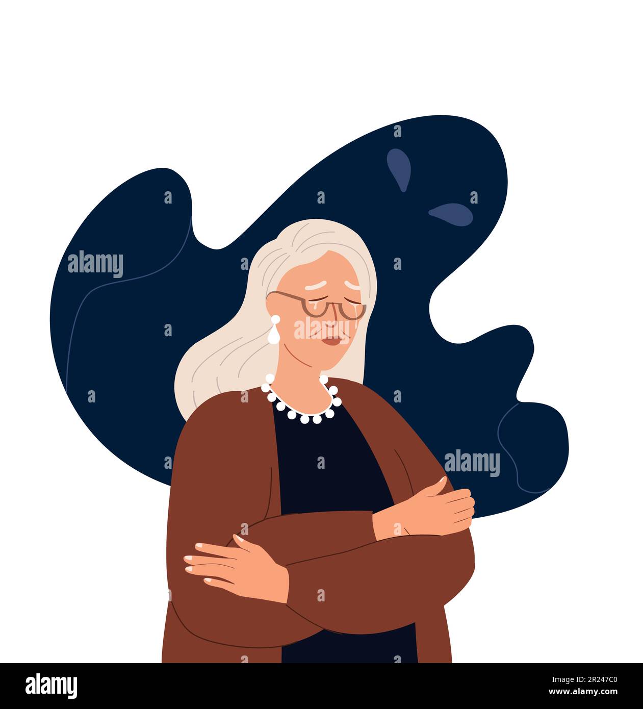Nachdenkliche ältere Frau, Amnesie, Durcheinander im Kopf. Ängstliche Seniorin in Stress, Verzweiflung, Angst. Verwirrte Großmutter, Leiden, Panikattacke, Angst, Phobien Stockfoto
