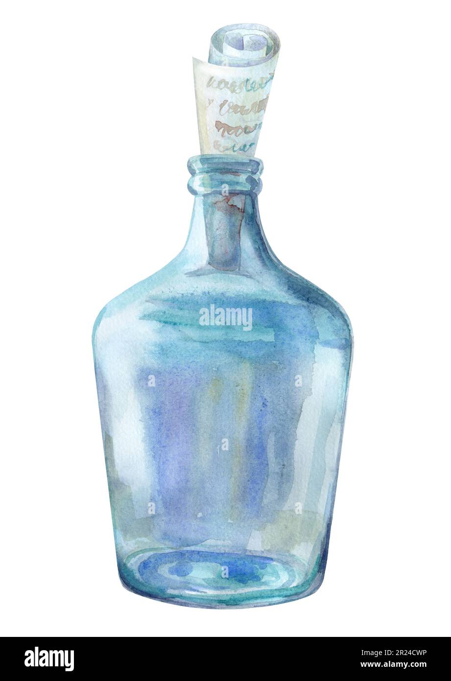 Eine Flasche blaues Glas mit Flieder- und azurblauen Farbtönen. In der Flasche befindet sich eine Schriftrolle mit einer Nachricht. Aquarell-Illustration, handgezeichnet. Stockfoto