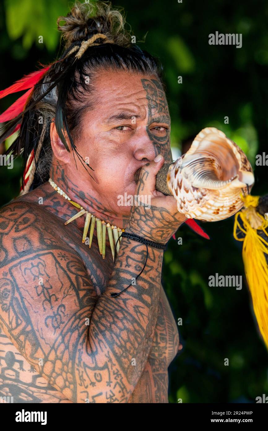 Französisch-Polynesien, Gesellschaftsinseln, Raiatea. Dorfcheif bedeckt mit traditionellen Tattoos, die Muschelhorn blasen. Stockfoto
