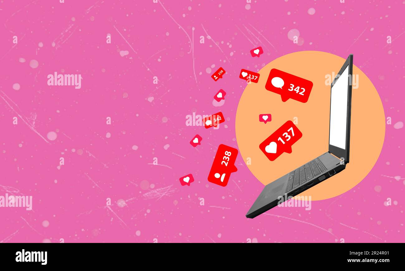 Kunstcollage, Computerherzen auf pinkfarbenem Hintergrund. Algorithm gibt „like Hearts Reaction“, ein Social-Media-Notebook, SMM-Strategie, erfolgreicher Blogger Stockfoto