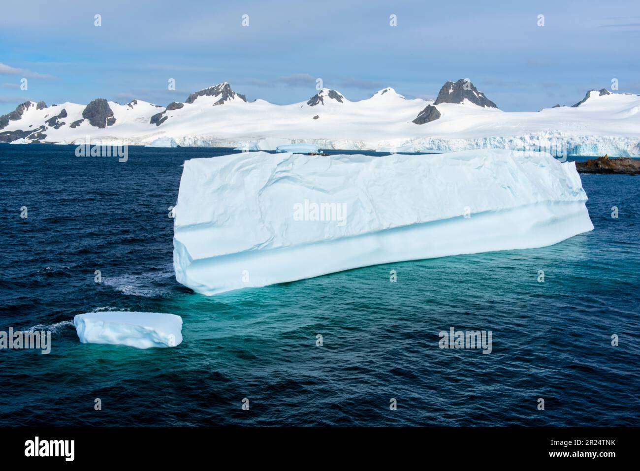 Half Moon Island, Antarktis. Ein Eisberg im kalten Wasser der Half Moon Island, ein gemeinsamer Halt für Schiffe auf dem Weg in die Antarktis. Stockfoto