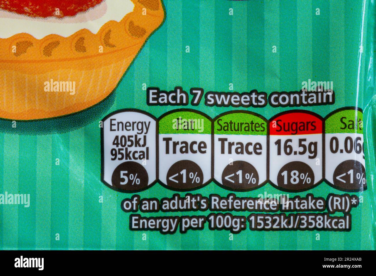 Nährwertangaben Ampelsystem Kennzeichnung farbcodierter Etiketteninformationen auf der Packung Rowntrees Dessert Pastilles Stockfoto