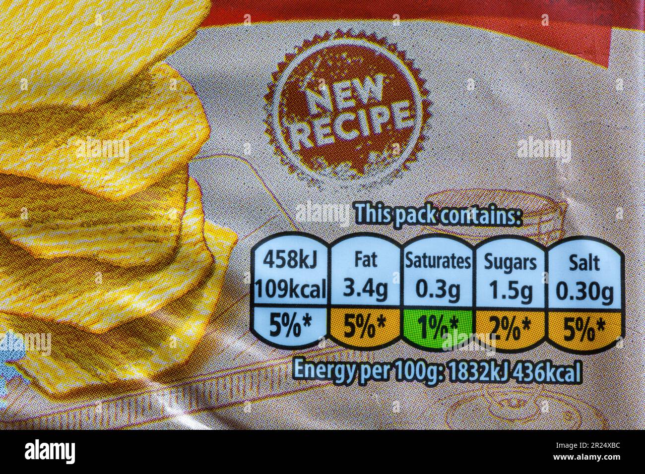 Nährwertangaben Ampelsystem Kennzeichnung farbcodierter Etiketteninformationen auf der Packung von Walkers Oven Baked Sea Salt Crisps Stockfoto