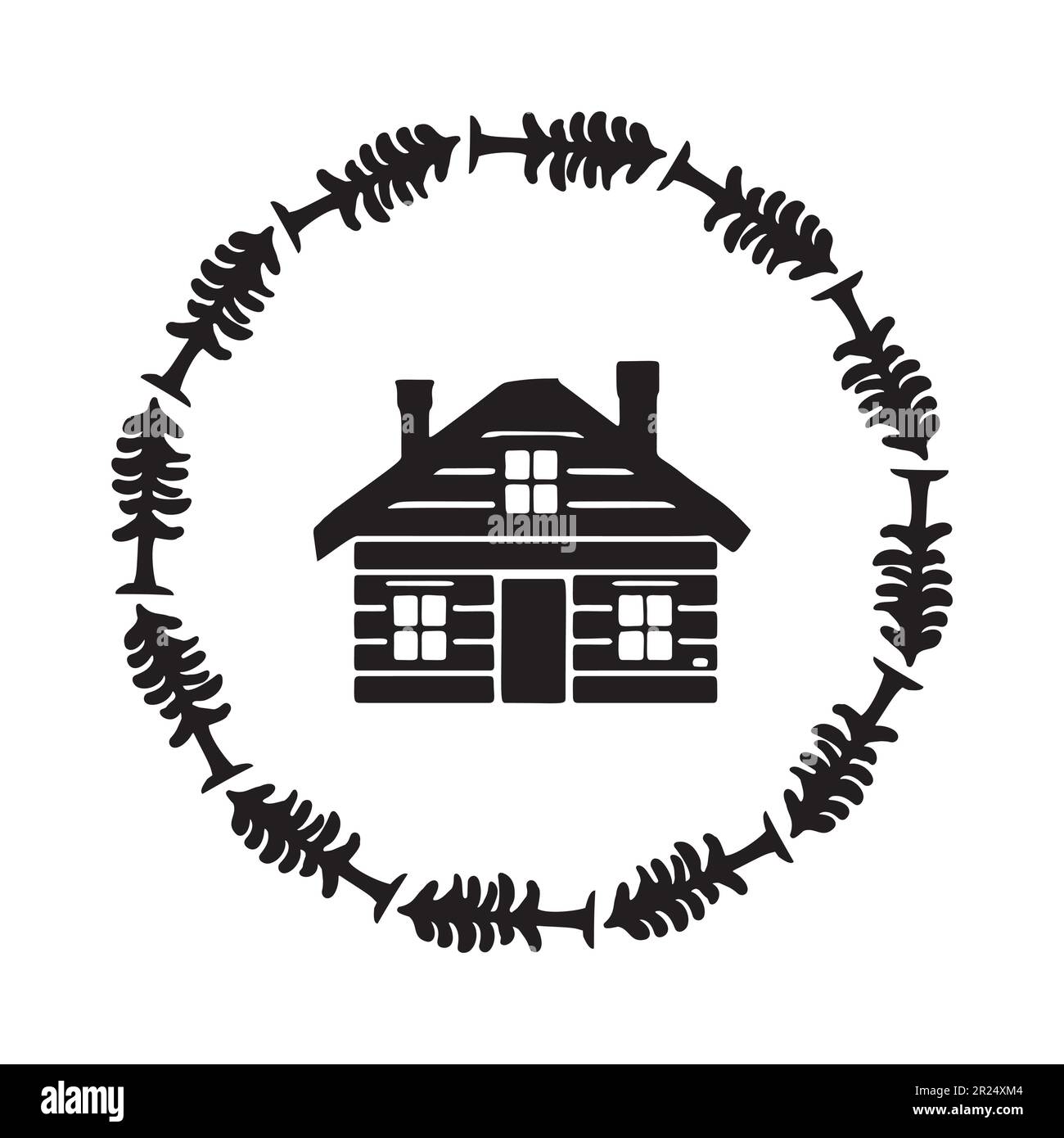 Holzkabine in scandi Linocut-Vektordarstellung. Alpenhütte im Landurlaub Dorf Cartoon. Stock Vektor