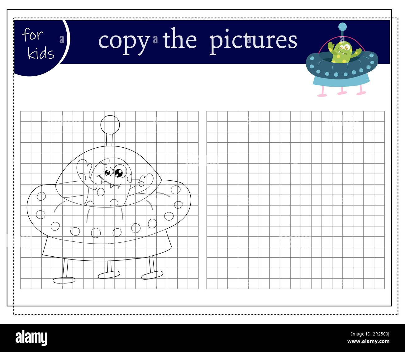 Ein Bild kopieren, ein pädagogisches Spiel für Kinder, ein Cartoon-Monster, ein Alien in einer fliegenden Untertasse. Vektordarstellung Stock Vektor